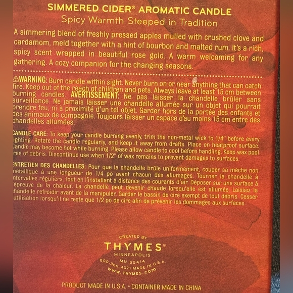 Thymes 6.5 Oz SIMMERED CIDER Aromatic candle - Picture 2 of 4
